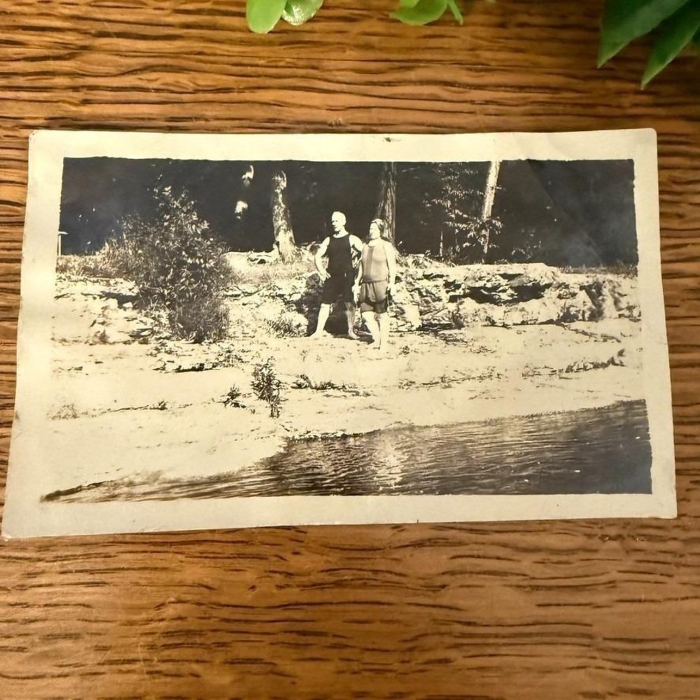 Antique Swimsuit Snapshot 1920s Lake Photo Jazz Age Couple Bathing Costume VTG